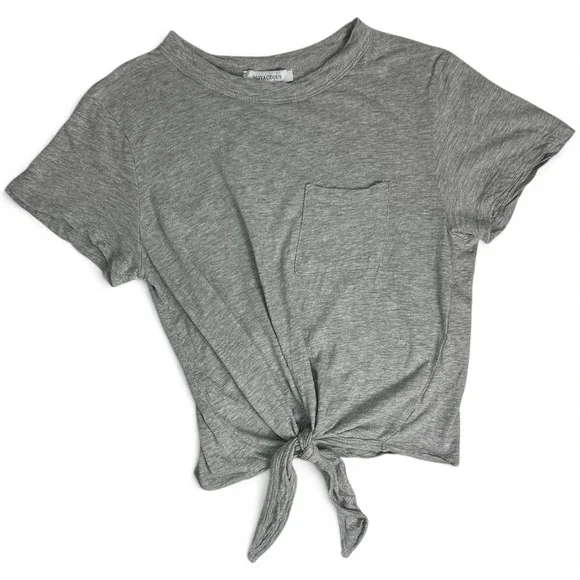 Olivaceous Womans Small Gray Short Sleeve Tie Front Pocket Tee - Picture 1 of 5